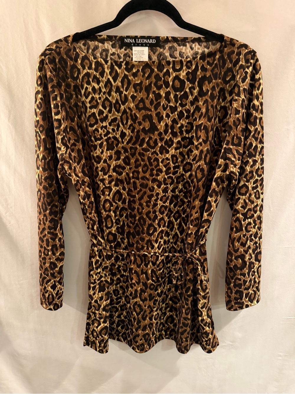 Nina Leonard Brown & Black Leopard Tie-Waist Long Sleeve Top
